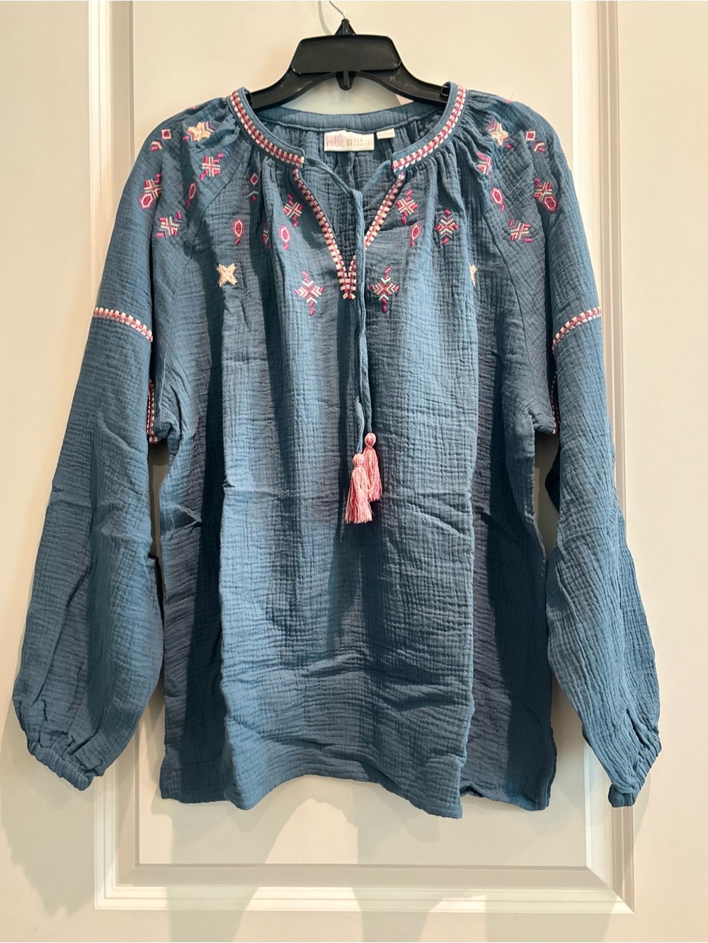 Belle by Kim Gravel Embroidered Gauze Peasant Blouse Blue Large Boho NWT - Picture 3 of 8